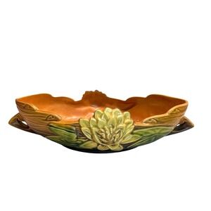 Vintage Roseville Pottery Water Lily‎ Oval Console Bowl Handled Brown 441-10"